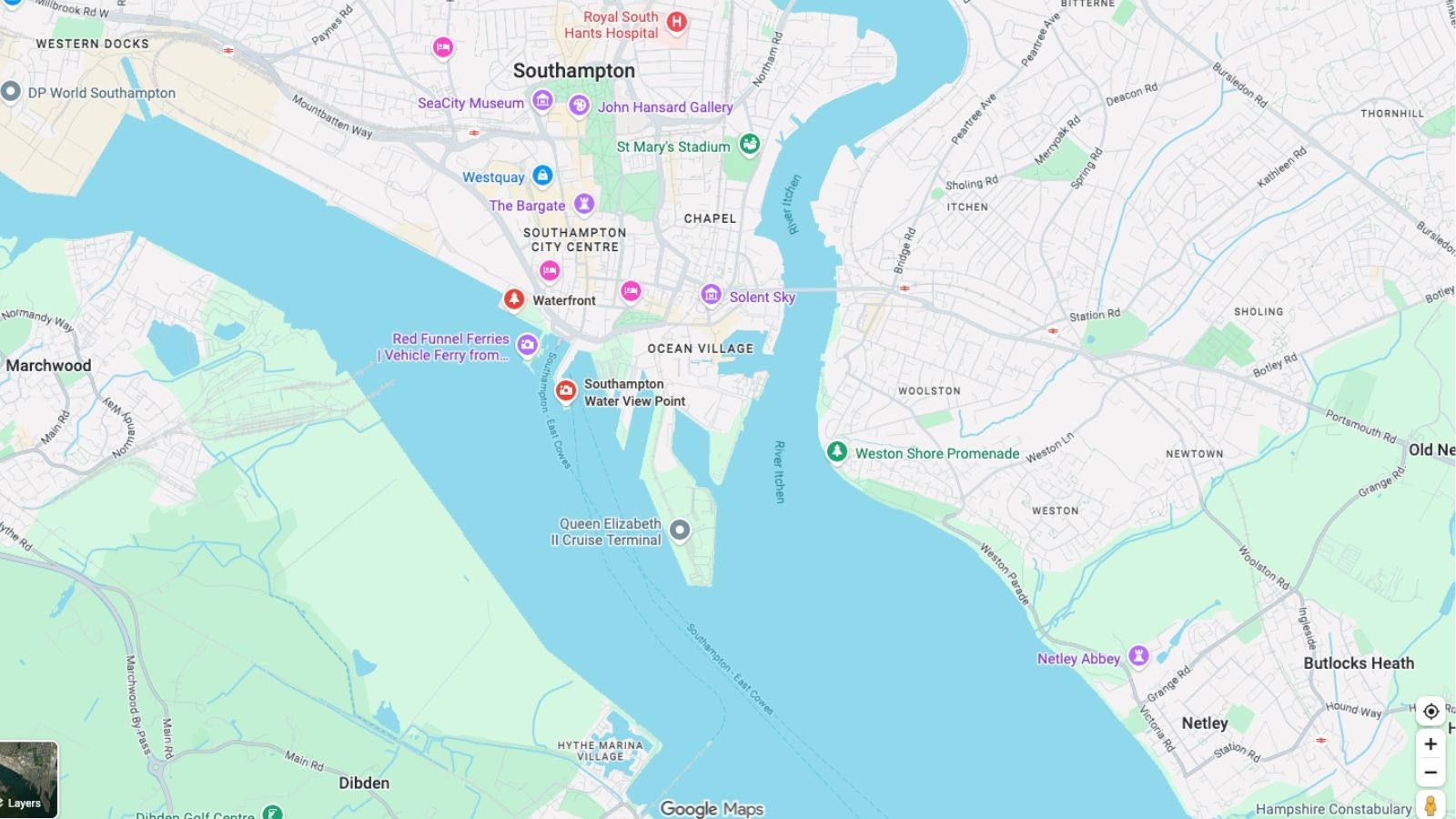 Map of Southampton waterfront, showing the docks, Ocean Village, and the River Itchen.